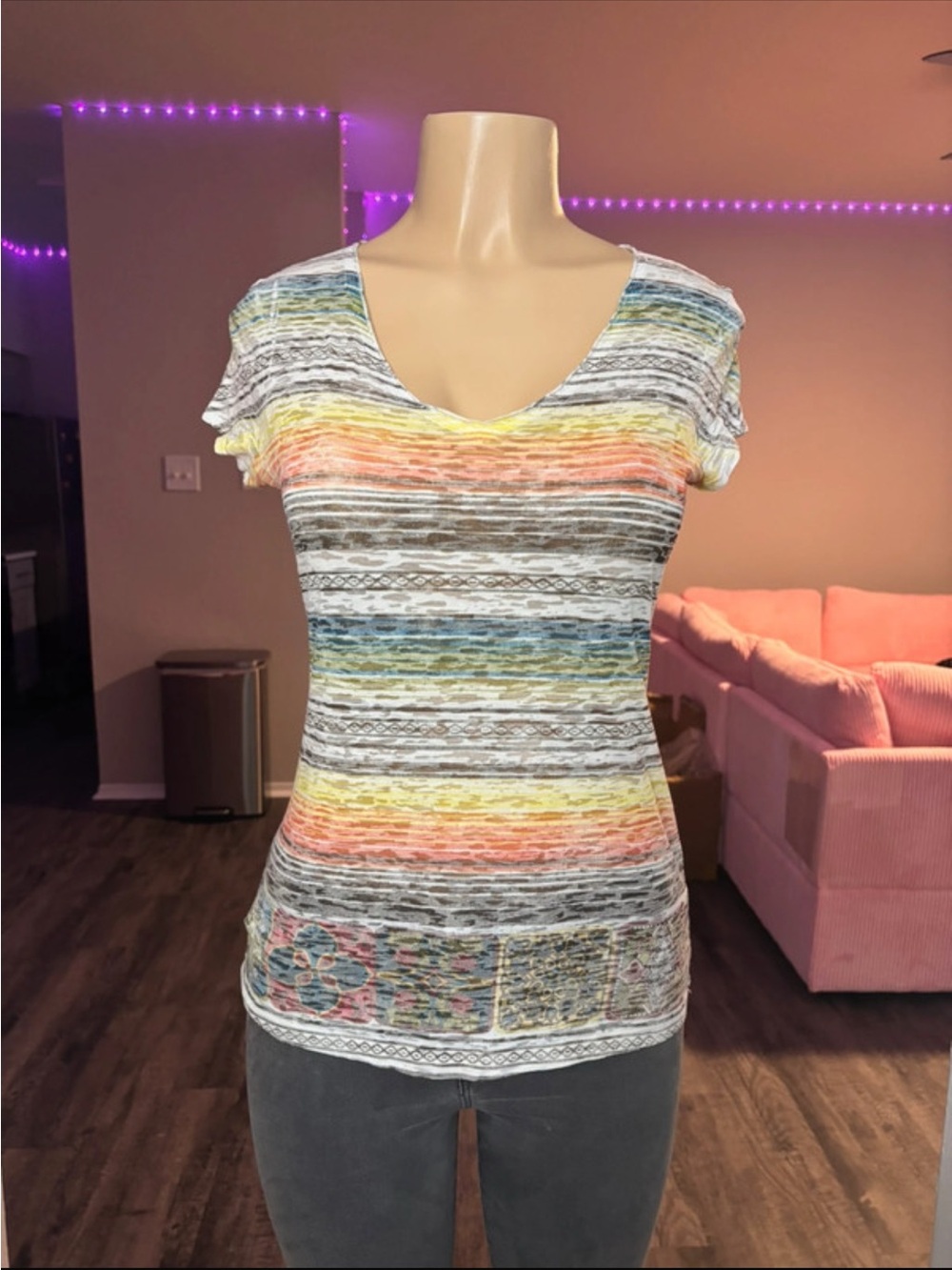 Maurices Multicolor Striped V-Neck Short Sleeve Tee- Size Medium